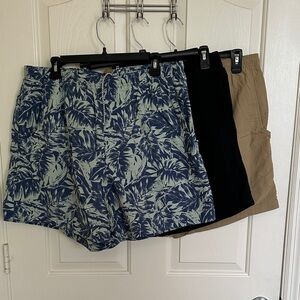 3 Columbia Blue Leaf Print, Solid Black and Tan Men's swim Shorts